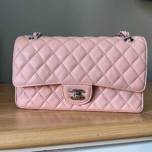 Pink  Caviar Double Flap Medium Leather Purse Bag